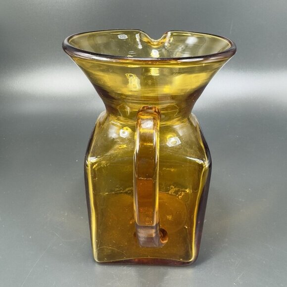 Mid Century Hand Blown Art Glass Pitcher Jug Carafe Amber With Handle Hand Made - Picture 11 of 12